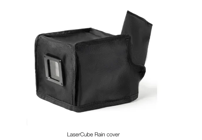 A lasercube laser projector cover for outdoor advertising in light rain.