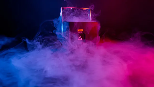 Lasercube ultra mk 2 cover image showing blue and pink smoke surrounding the laser projector