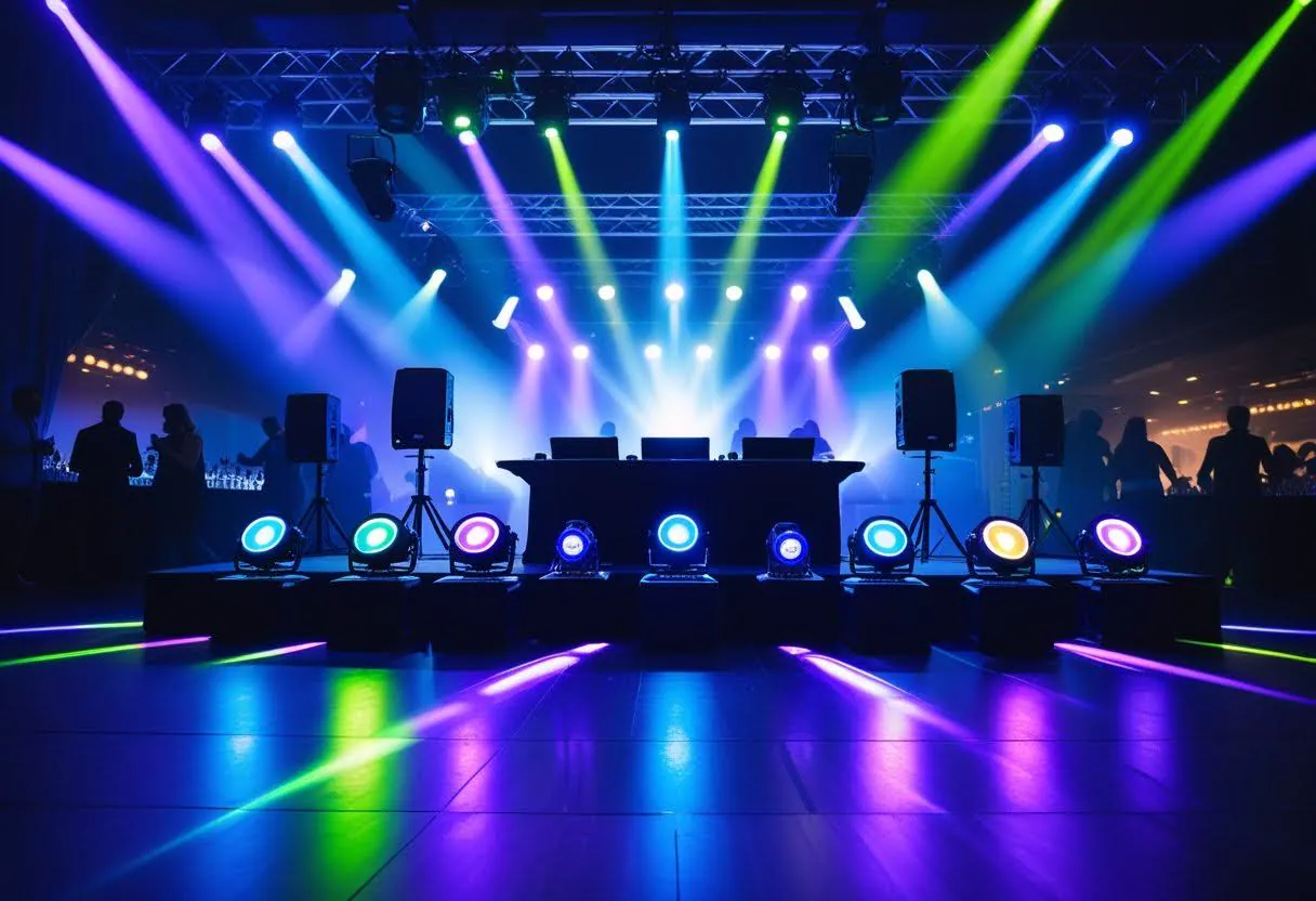 DJ laser lights showing a dj stage, with laser lights projecting onto the stage.