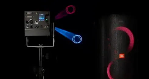 LaserCube Ultra MK2 projecting circles onto a speaker