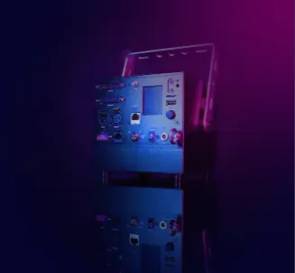 Rear panel of a LaserCube Ultra MK2 with its ports, in purple light