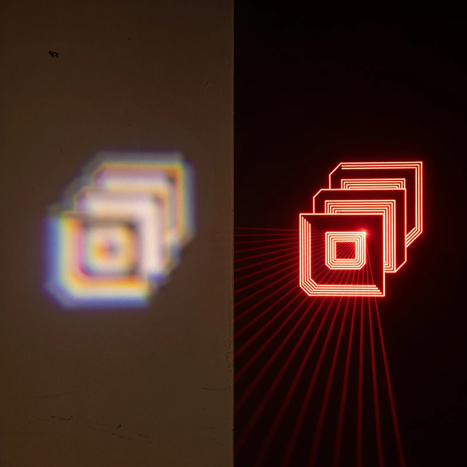 A side-by-side comparison of a blurry LED light and a sharp laser beam projection