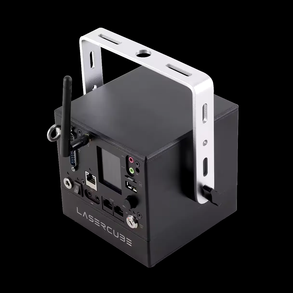 LaserCube Pro from the back, with its screen and ports